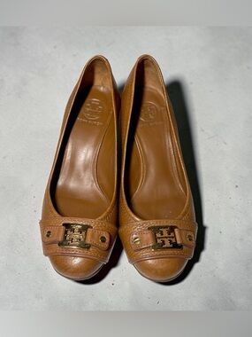 Tory Burch Leather Ambrose Slip On Wedge Heel Pumps Brown Women's Size 7M